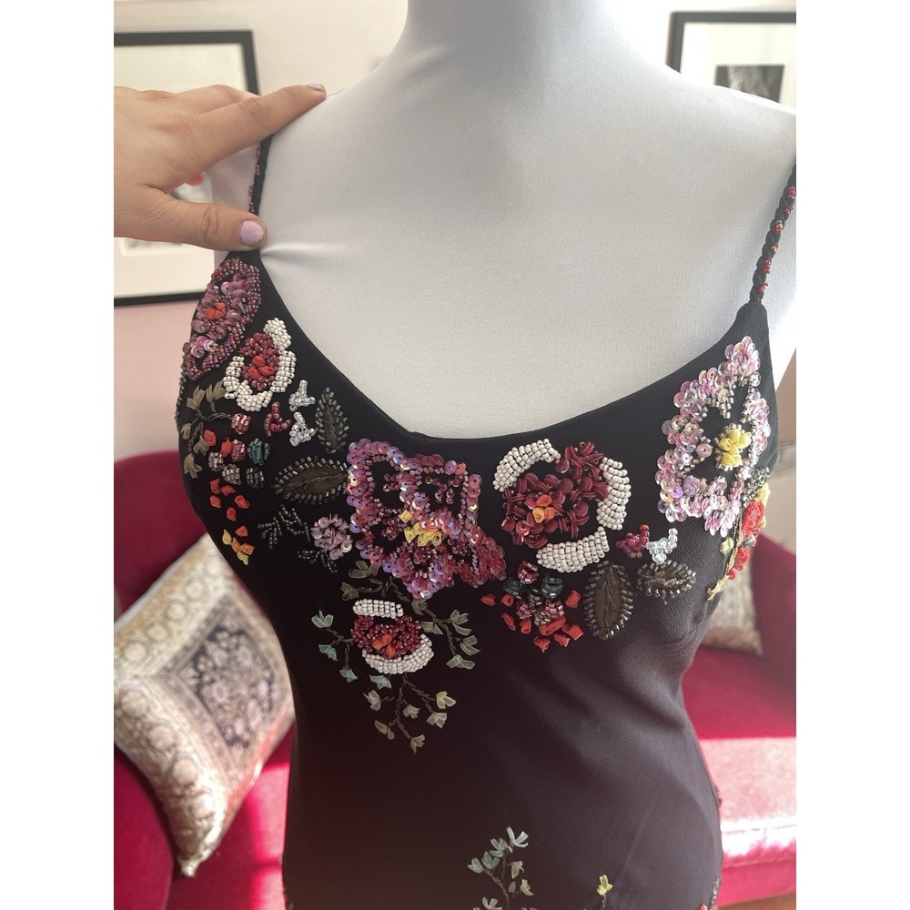 Vintage Y2K 100% Silk beaded Black Floral Evening Gown Midi -Sue Wong- 12 - Picture 2 of 16
